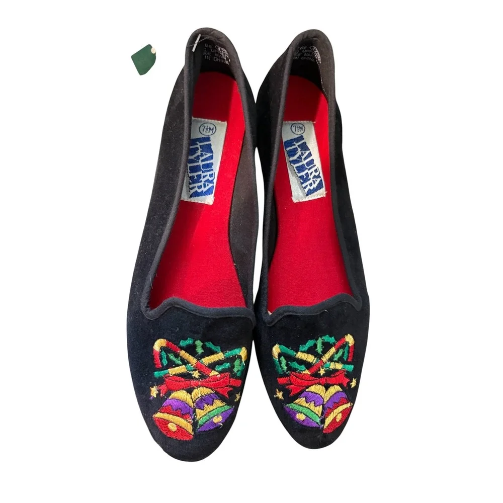 Laura Tyler Christmas Bell Flats Womens 7.5 Black Embroidered Holiday Shoes NEW